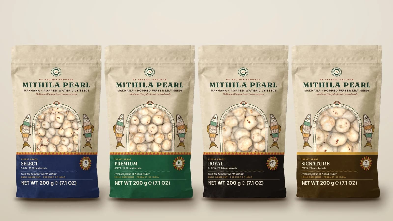 The four Mithila Pearl grade pouches side by side: SELECT, PREMIUM, ROYAL and SIGNATURE