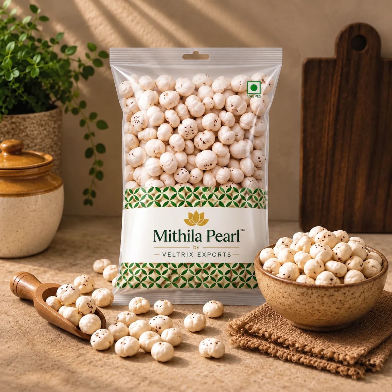 Mithila Pearl retail pouch with a bowl of popped makhana on a kitchen counter